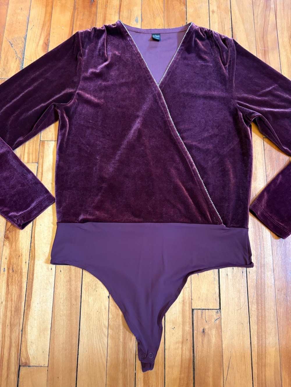 Velvet Wrap Bodysuit in Plum - Diamond Accent Trim - Thong Snap Bottom - XL